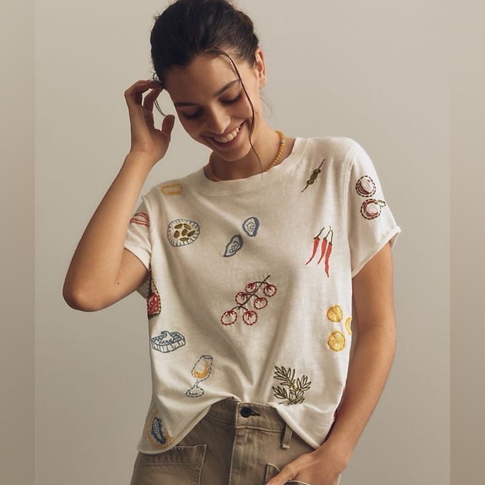 Anthropologie Maeve Caitlin boxy tee embroidery size Large
